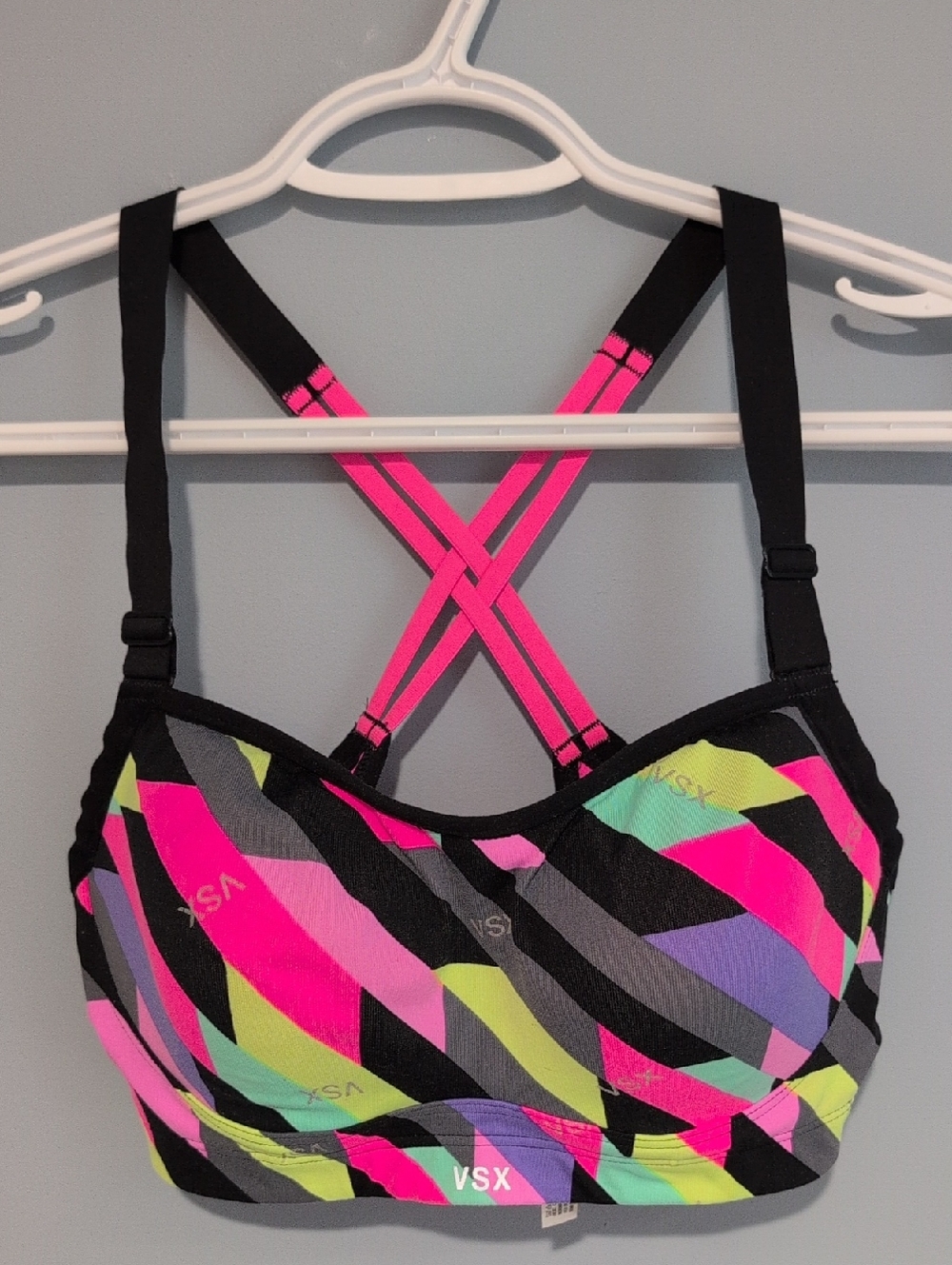 Victoria's Secret VSX Neon Geo Crisscross Sports Bra - Pink, Black, Lime, Purple